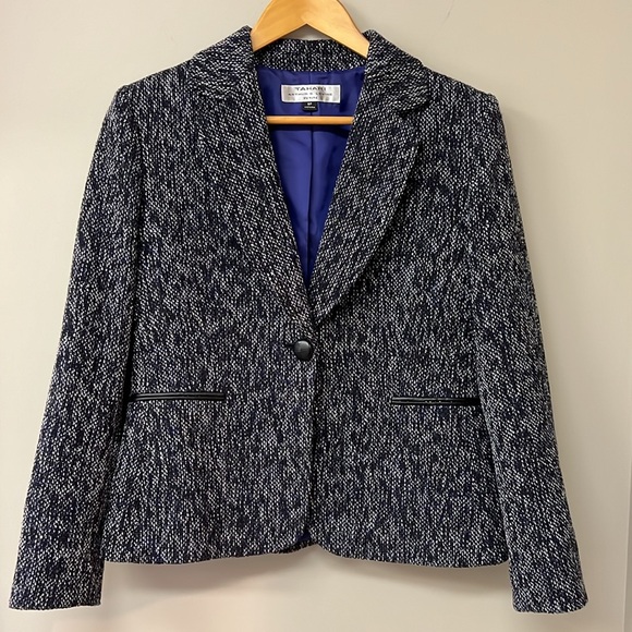 Tahari Jackets & Blazers - Tahari Black Heathered Purple w Faux Leather Piping & 1 Button Blazer | 8P | EUC